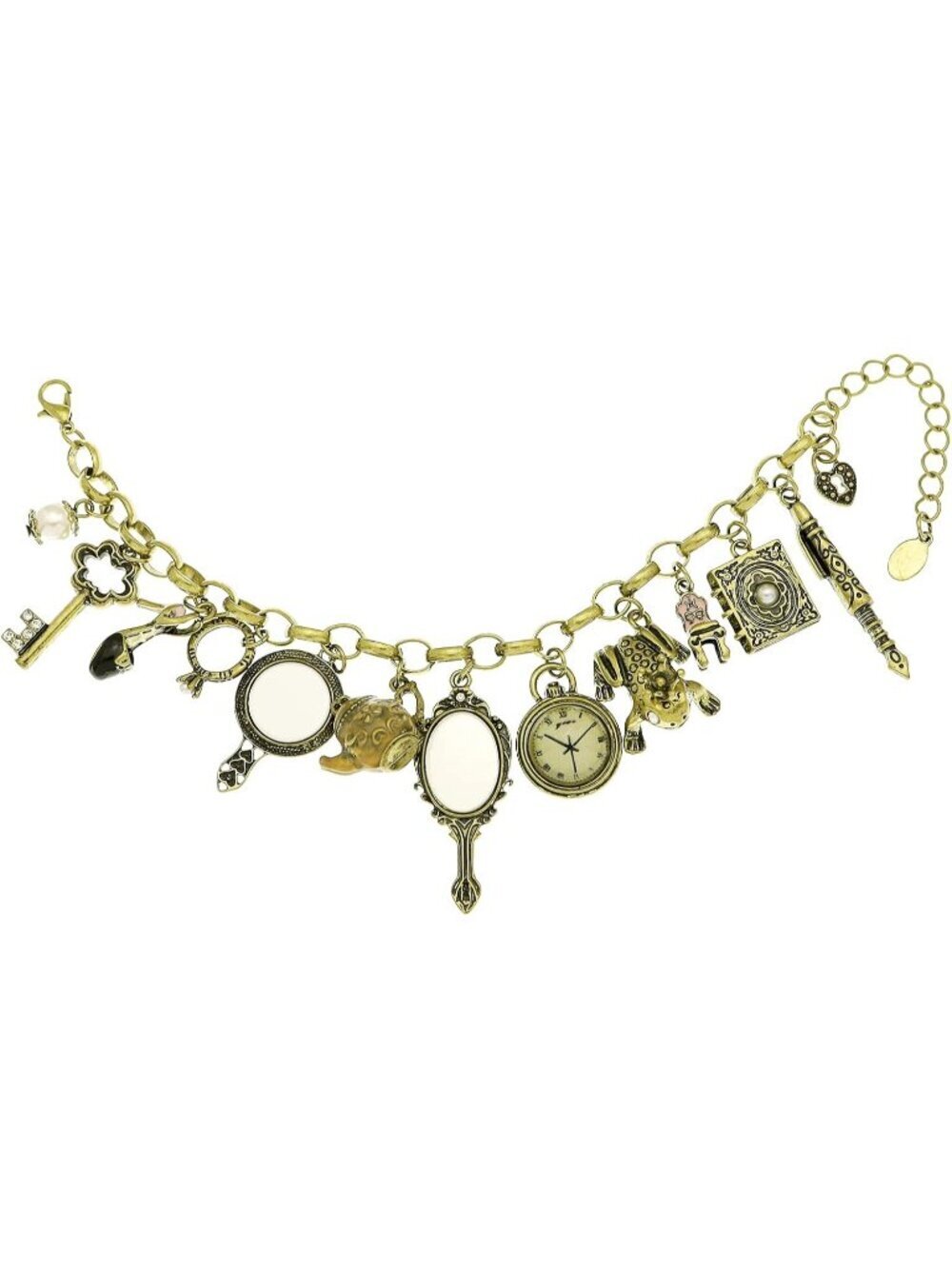 Women's Vintage Gold Cuff Mirror Clock Heart Teapot Wonderland Style Bracelet